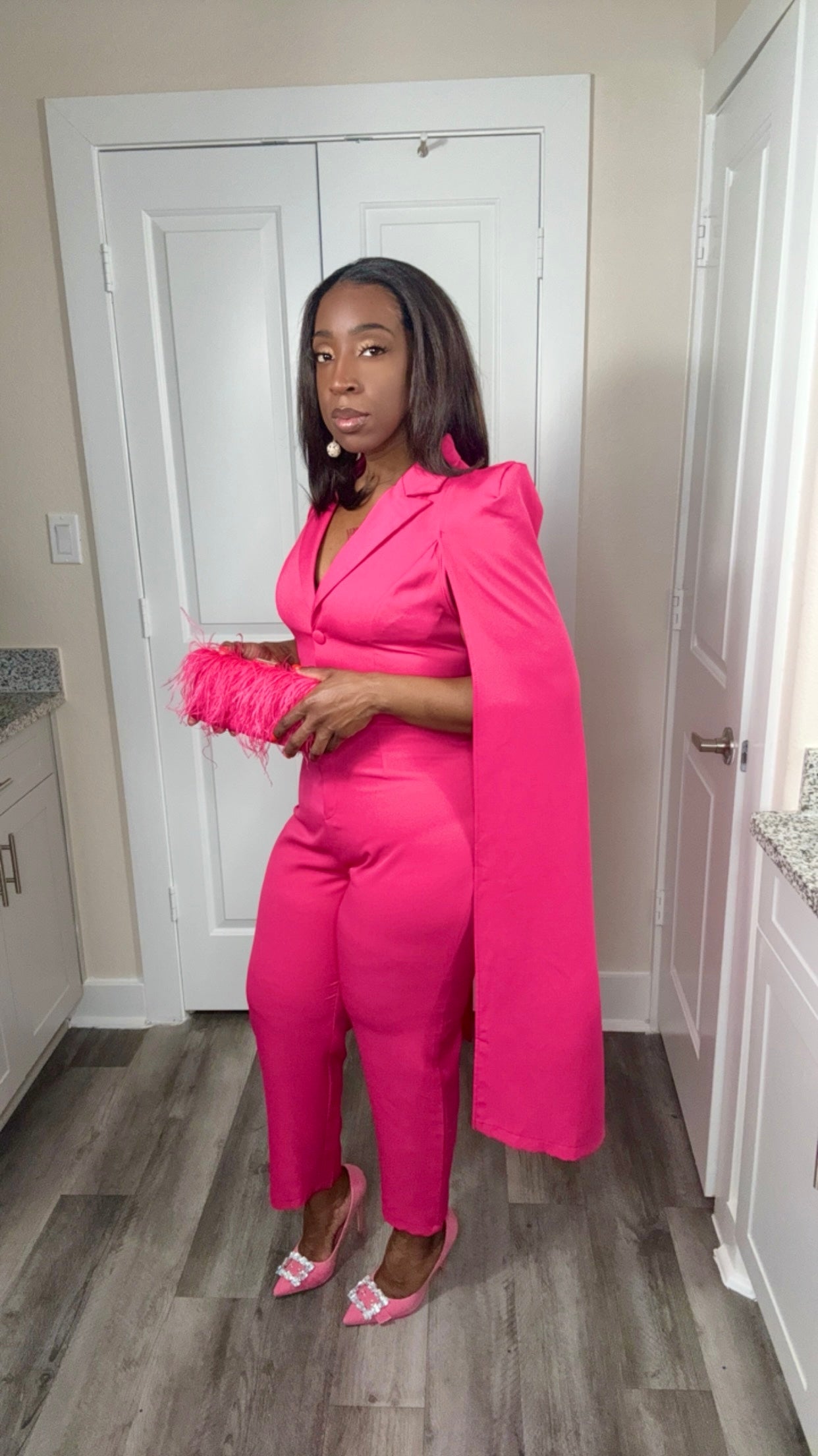 We Slay Lapel Neck Cape Jumpsuit