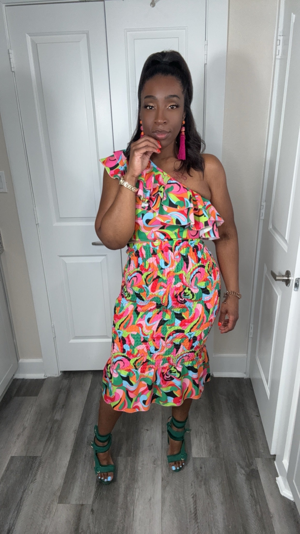 Allover Print One Shoulder Ruffle Trim Crop Top & Skirt