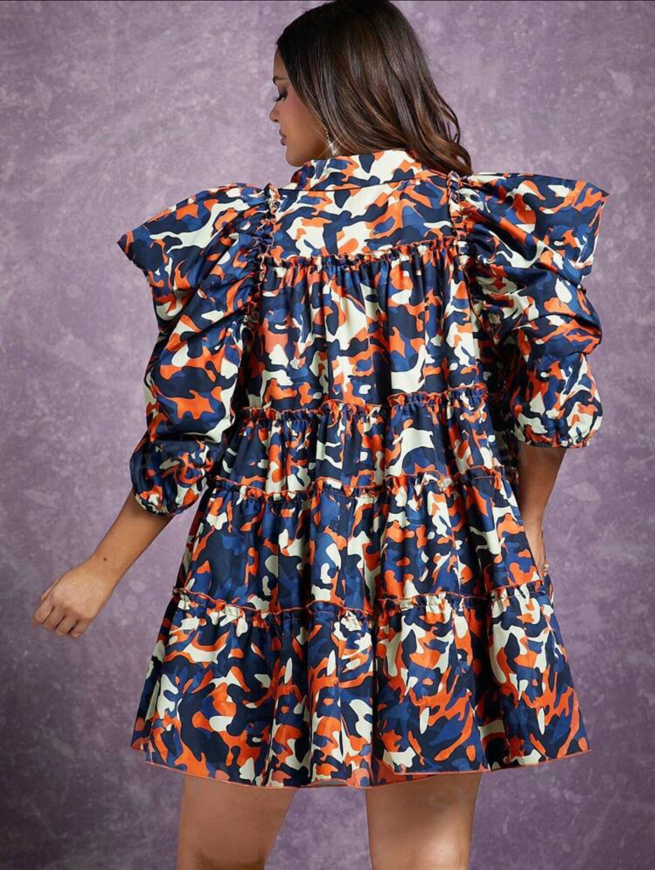 Kouture Plus Camo Print Puff Sleeve Ruffle Dress