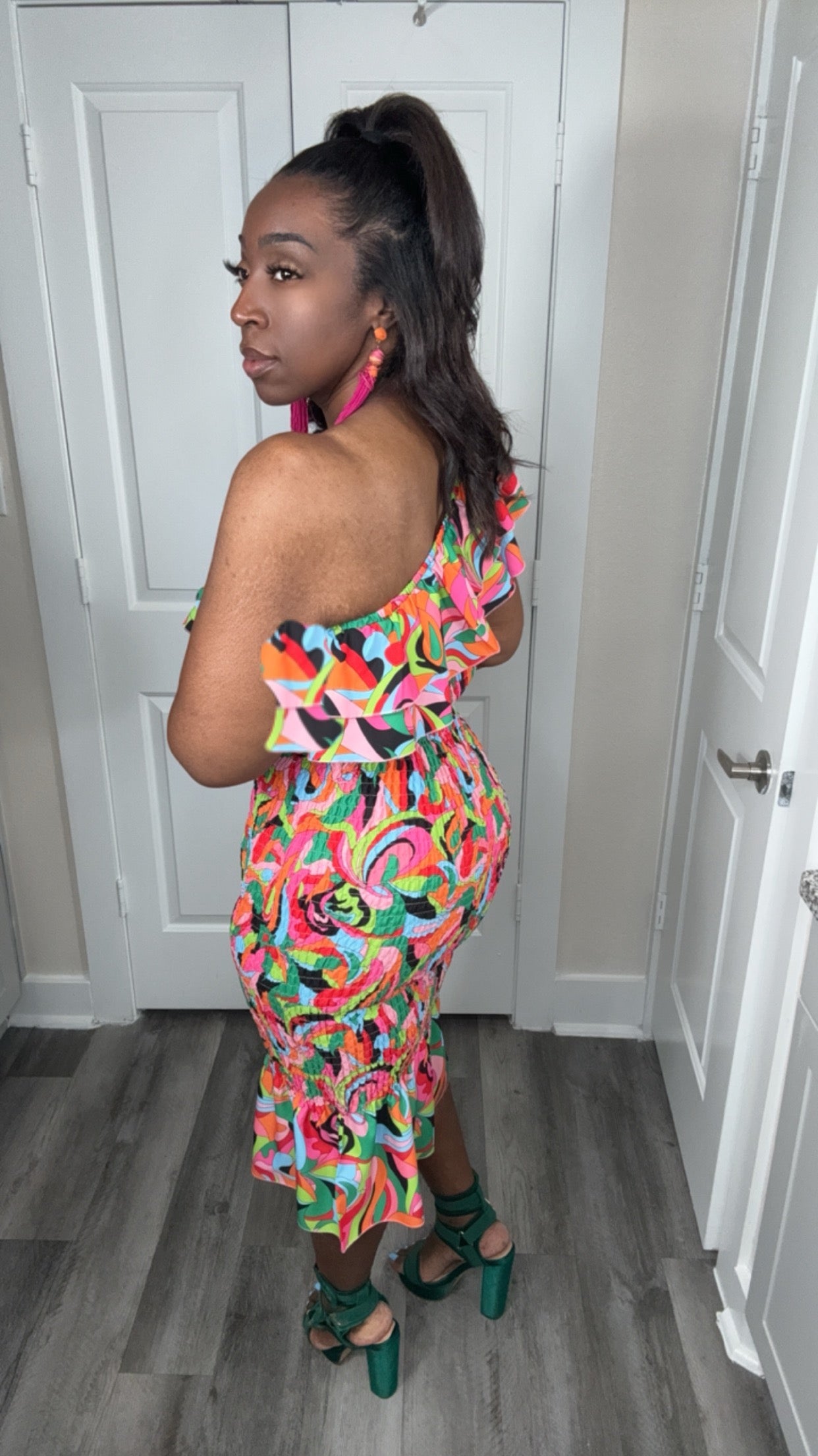 Allover Print One Shoulder Ruffle Trim Crop Top & Skirt